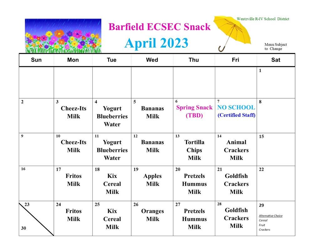 April Snack Menu